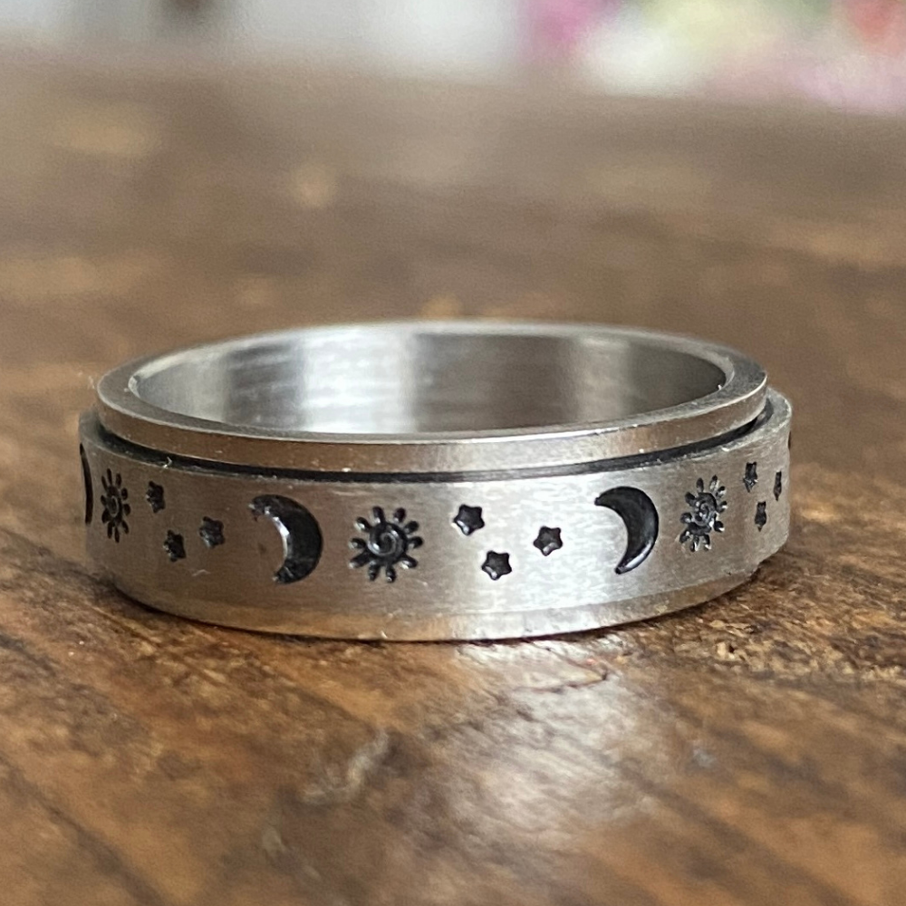 Anxiety Spinner Rings - Stainless Steel - Various Designs Soul Inspired Moon & Stars L ½ 