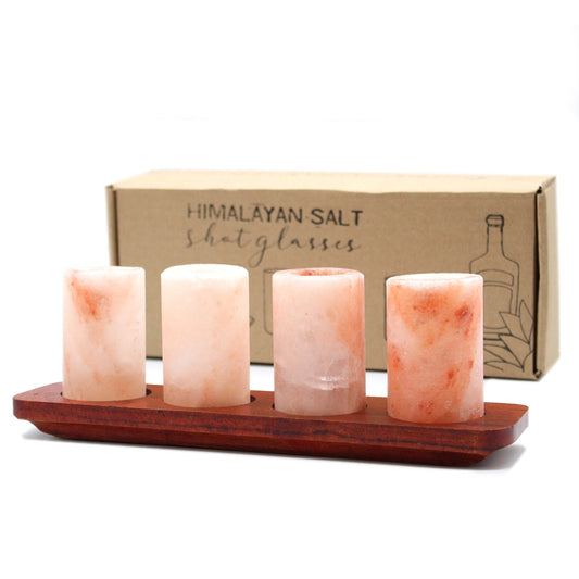 Himalayan Salt Shot Glasses & Wood Serving Stand Himalayan Salt Shot Glasses & Wood Serving Stand Ancient Wisdom Set of 4 